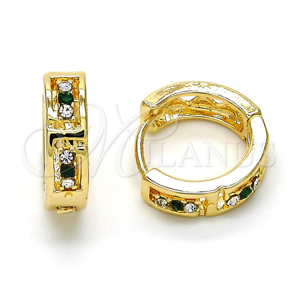 Gold Filled Hoop Earrings — Huggie Hoop with Green and White Crystal Polished — main product view — SKU 114428 | Oro Laminado aretes de aro — Huggie Hoop with Green and cristal blanco pulido — SKU 114428