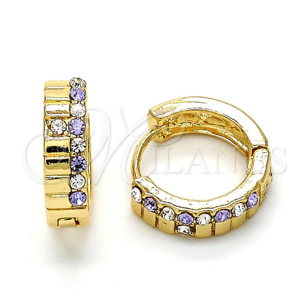 Gold Filled Hoop Earrings — Huggie Hoop with Amethyst and White Crystal Polished — main product view — SKU 114431 | Oro Laminado aretes de aro — Huggie Hoop with Amethyst and cristal blanco pulido — SKU 114431