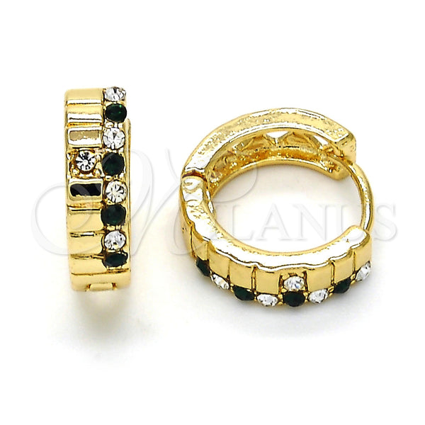 Gold Filled Hoop Earrings — Huggie Hoop with Green and White Crystal Polished — main product view — SKU 114432 | Oro Laminado aretes de aro — Huggie Hoop with Green and cristal blanco pulido — SKU 114432