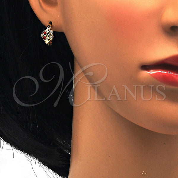 Gold Filled Hoop Earrings — Huggie Hoop with Garnet and White Crystal Polished — alternate product view — SKU 114433 | Oro Laminado aretes de aro — Huggie Hoop with Garnet and cristal blanco pulido — SKU 114433