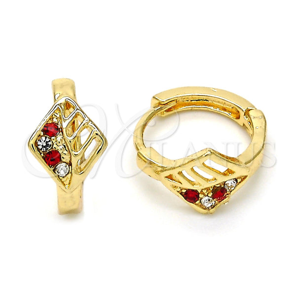 Gold Filled Hoop Earrings — Huggie Hoop with Garnet and White Crystal Polished — main product view — SKU 114433 | Oro Laminado aretes de aro — Huggie Hoop with Garnet and cristal blanco pulido — SKU 114433