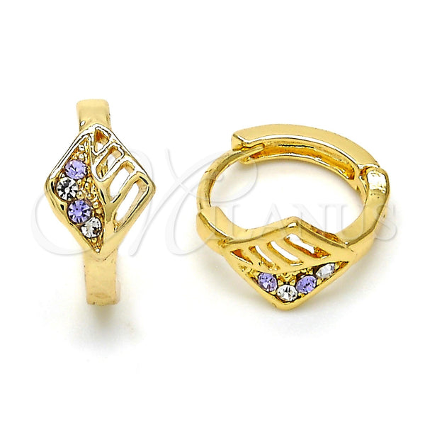 Gold Filled Hoop Earrings — Huggie Hoop with Amethyst and White Crystal Polished — main product view — SKU 114435 | Oro Laminado aretes de aro — Huggie Hoop with Amethyst and cristal blanco pulido — SKU 114435