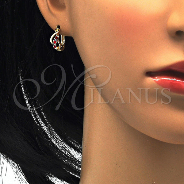 Gold Filled Hoop Earrings — Huggie Hoop with Garnet and White Crystal Polished — alternate product view — SKU 114437 | Oro Laminado aretes de aro — Huggie Hoop with Garnet and cristal blanco pulido — SKU 114437