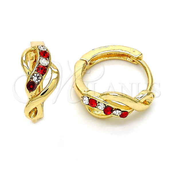 Gold Filled Hoop Earrings — Huggie Hoop with Garnet and White Crystal Polished — main product view — SKU 114437 | Oro Laminado aretes de aro — Huggie Hoop with Garnet and cristal blanco pulido — SKU 114437
