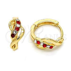 Gold Filled Hoop Earrings — Huggie Hoop with Garnet and White Crystal Polished — main product view — SKU 114437 | Oro Laminado aretes de aro — Huggie Hoop with Garnet and cristal blanco pulido — SKU 114437