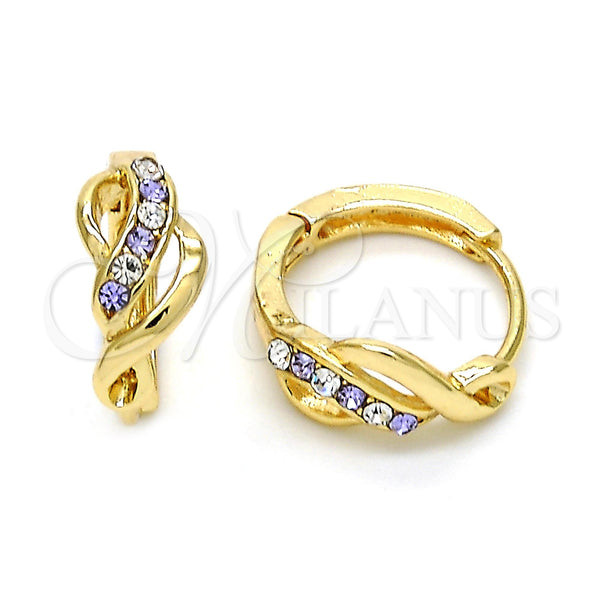 Gold Filled Hoop Earrings — Huggie Hoop with Amethyst and White Crystal Polished — main product view — SKU 114439 | Oro Laminado aretes de aro — Huggie Hoop with Amethyst and cristal blanco pulido — SKU 114439