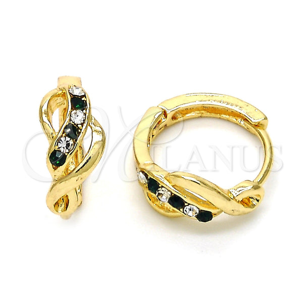 Gold Filled Hoop Earrings — Huggie Hoop with Green and White Crystal Polished — main product view — SKU 114440 | Oro Laminado aretes de aro — Huggie Hoop with Green and cristal blanco pulido — SKU 114440