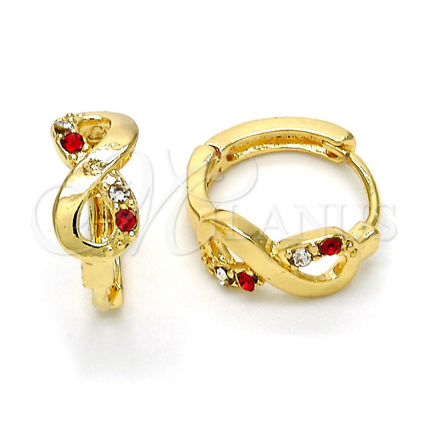 Gold Filled Hoop Earrings — Huggie Hoop Infinite Design with Garnet and White — main product view — SKU 114441 | Oro Laminado aretes de aro — Huggie Hoop Infinite diseño with Garnet and blanco — SKU 114441