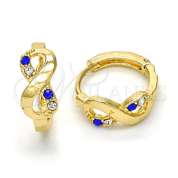 Gold Filled Hoop Earrings — Huggie Hoop Infinite Design with Sapphire Blue and — main product view — SKU 114442 | Oro Laminado aretes de aro — Huggie Hoop Infinite diseño with Sapphire Blue and — SKU 114442