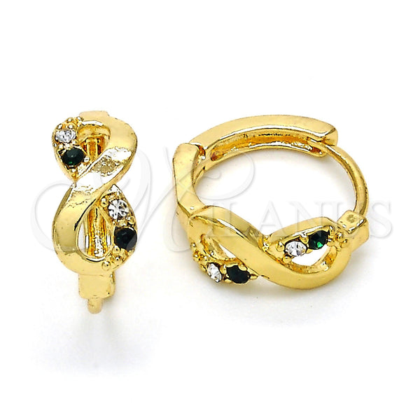 Gold Filled Hoop Earrings — Huggie Hoop Infinite Design with Green and White — main product view — SKU 114444 | Oro Laminado aretes de aro — Huggie Hoop Infinite diseño with Green and blanco — SKU 114444