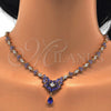 Oro Laminado Necklace and Earring, Gold Filled Style Teardrop and Leaf Design, with White and Amethyst Cubic Zirconia, Polished, Golden Finish, 06.236.0002