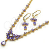 Oro Laminado Necklace and Earring, Gold Filled Style Teardrop and Leaf Design, with White and Amethyst Cubic Zirconia, Polished, Golden Finish, 06.236.0002
