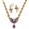 Oro Laminado Necklace and Earring, Gold Filled Style Teardrop and Leaf Design, with White and Amethyst Cubic Zirconia, Polished, Golden Finish, 06.236.0002