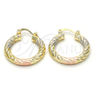 Gold Filled Hoop Earrings — Small Hoop Hollow Design Diamond Cutting Tricolor 02. — main product view — SKU 114533 | Oro Laminado aretes de aro — Small Hoop Hollow diseño Diamond Cutting Tricolor 02. — SKU 114533