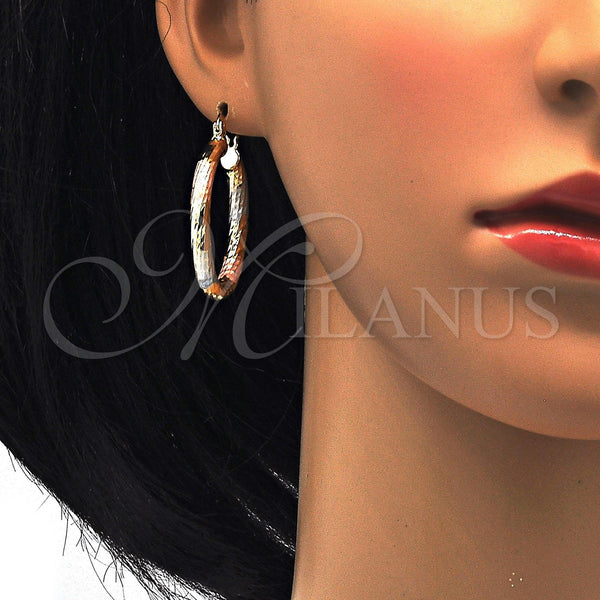 Gold Filled Hoop Earrings — Small Hoop Hollow Design Diamond Cutting Tricolor 02. — alternate product view — SKU 114534 | Oro Laminado aretes de aro — Small Hoop Hollow diseño Diamond Cutting Tricolor 02. — SKU 114534