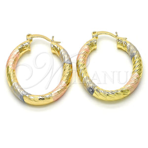 Gold Filled Hoop Earrings — Small Hoop Hollow Design Diamond Cutting Tricolor 02. — main product view — SKU 114534 | Oro Laminado aretes de aro — Small Hoop Hollow diseño Diamond Cutting Tricolor 02. — SKU 114534