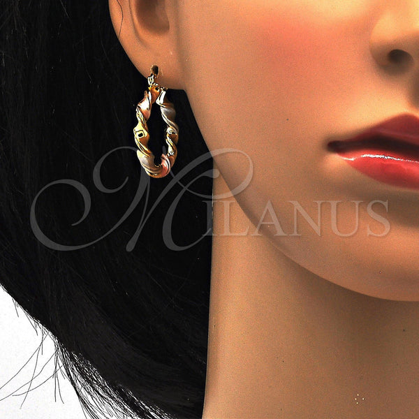 Gold Filled Hoop Earrings — Medium Hoop Twist Design Polished Tricolor 02. — alternate product view — SKU 114535 | Oro Laminado aretes de aro — Medium Hoop Twist diseño pulido Tricolor 02. — SKU 114535