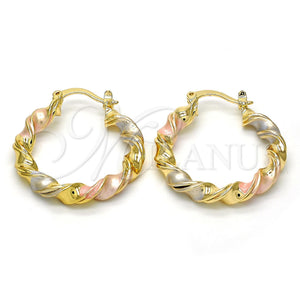 Gold Filled Hoop Earrings — Medium Hoop Twist Design Polished Tricolor 02. — main product view — SKU 114535 | Oro Laminado aretes de aro — Medium Hoop Twist diseño pulido Tricolor 02. — SKU 114535
