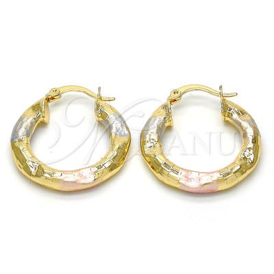 Gold Filled Hoop Earrings — Small Hoop Hollow Design Diamond Cutting Tricolor 02. — main product view — SKU 114536 | Oro Laminado aretes de aro — Small Hoop Hollow diseño Diamond Cutting Tricolor 02. — SKU 114536