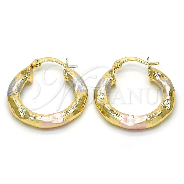 Gold Filled Hoop Earrings — Small Hoop Hollow Design Diamond Cutting Tricolor 02. — main product view — SKU 114536 | Oro Laminado aretes de aro — Small Hoop Hollow diseño Diamond Cutting Tricolor 02. — SKU 114536
