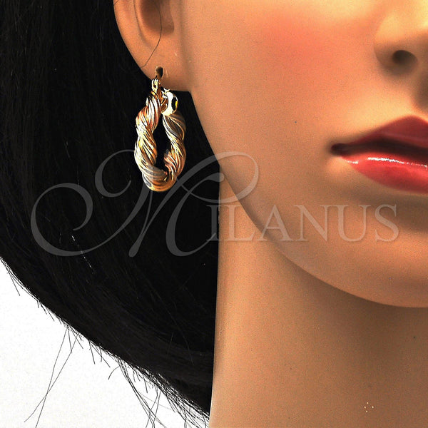 Gold Filled Hoop Earrings — Medium Hoop Twist and Hollow Design Polished Tricolor — alternate product view — SKU 114539 | Oro Laminado aretes de aro — Medium Hoop Twist and Hollow diseño pulido Tricolor — SKU 114539