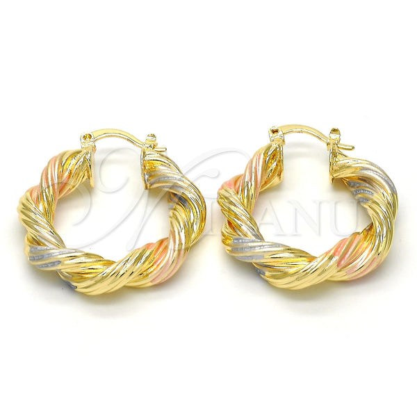 Gold Filled Hoop Earrings — Medium Hoop Twist and Hollow Design Polished Tricolor — main product view — SKU 114539 | Oro Laminado aretes de aro — Medium Hoop Twist and Hollow diseño pulido Tricolor — SKU 114539
