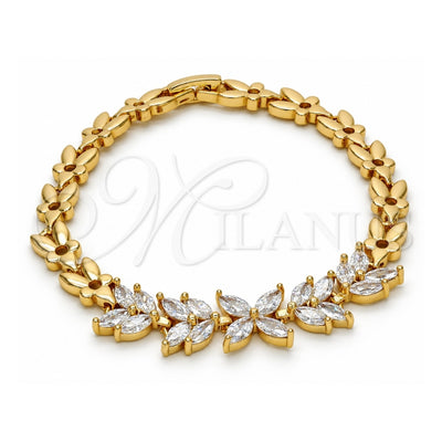 Oro Laminado Fancy Bracelet, Gold Filled Style Flower and Leaf Design, with White Cubic Zirconia, Polished, Golden Finish, 03.287.0021.07 (07 MM Thickness, 7 Inches Length)