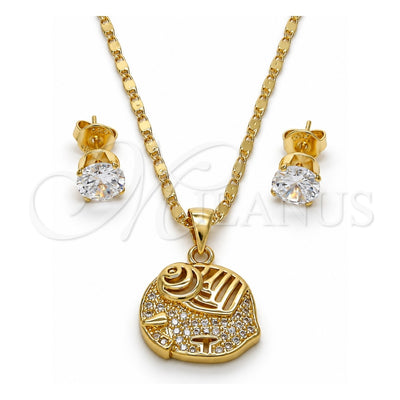 Oro Laminado Earring and Pendant Adult Set, Gold Filled Style Elephant Design, with White Micro Pave, Polished, Golden Finish, 10.233.0013