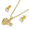 Oro Laminado Earring and Pendant Adult Set, Gold Filled Style Elephant Design, with White Micro Pave, Polished, Golden Finish, 10.233.0016