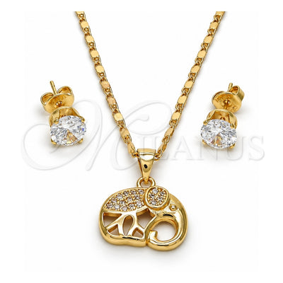 Oro Laminado Earring and Pendant Adult Set, Gold Filled Style Elephant Design, with White Micro Pave, Polished, Golden Finish, 10.233.0017