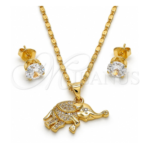 Oro Laminado Earring and Pendant Adult Set, Gold Filled Style Elephant Design, with White Micro Pave, Polished, Golden Finish, 10.233.0022
