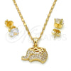 Oro Laminado Earring and Pendant Adult Set, Gold Filled Style Elephant Design, with White Micro Pave, Polished, Golden Finish, 10.233.0024