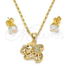 Oro Laminado Earring and Pendant Adult Set, Gold Filled Style Elephant Design, with White Micro Pave, Polished, Golden Finish, 10.233.0026
