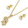 Oro Laminado Earring and Pendant Adult Set, Gold Filled Style Elephant Design, with White Micro Pave, Polished, Golden Finish, 10.233.0027