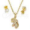 Oro Laminado Earring and Pendant Adult Set, Gold Filled Style Elephant Design, with White Micro Pave, Polished, Golden Finish, 10.233.0027