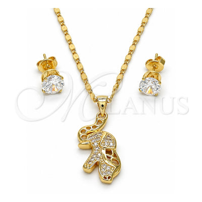 Oro Laminado Earring and Pendant Adult Set, Gold Filled Style Elephant Design, with White Micro Pave, Polished, Golden Finish, 10.233.0027