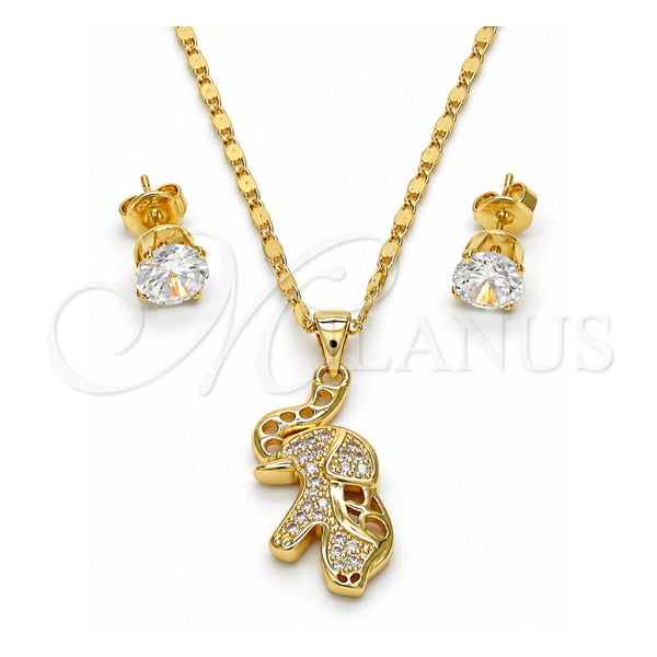 Oro Laminado Earring and Pendant Adult Set, Gold Filled Style Elephant Design, with White Micro Pave, Polished, Golden Finish, 10.233.0027