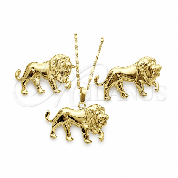 Oro Laminado Earring and Pendant Adult Set, Gold Filled Style Lion Design, Polished, Golden Finish, 10.185.0003