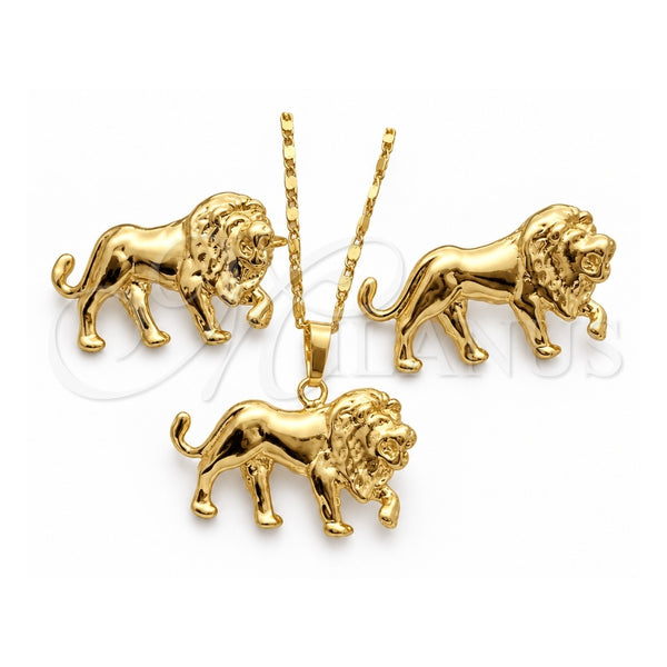 Oro Laminado Earring and Pendant Adult Set, Gold Filled Style Lion Design, Polished, Golden Finish, 10.185.0003