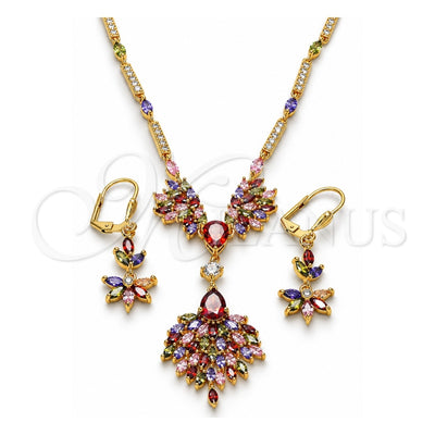 Oro Laminado Necklace and Earring, Gold Filled Style Teardrop Design, with Multicolor Cubic Zirconia, Polished, Golden Finish, 06.221.0009