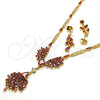 Oro Laminado Necklace and Earring, Gold Filled Style Teardrop Design, with Garnet and White Cubic Zirconia, Polished, Golden Finish, 06.221.0009.1