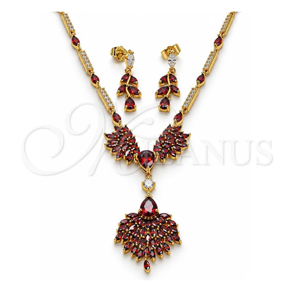 Oro Laminado Necklace and Earring, Gold Filled Style Teardrop Design, with Garnet and White Cubic Zirconia, Polished, Golden Finish, 06.221.0009.1
