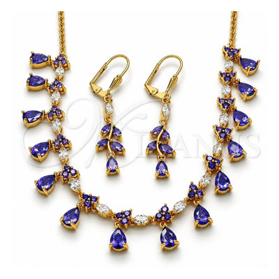 Oro Laminado Necklace and Earring, Gold Filled Style Teardrop Design, with Amethyst and White Cubic Zirconia, Polished, Golden Finish, 06.221.0011