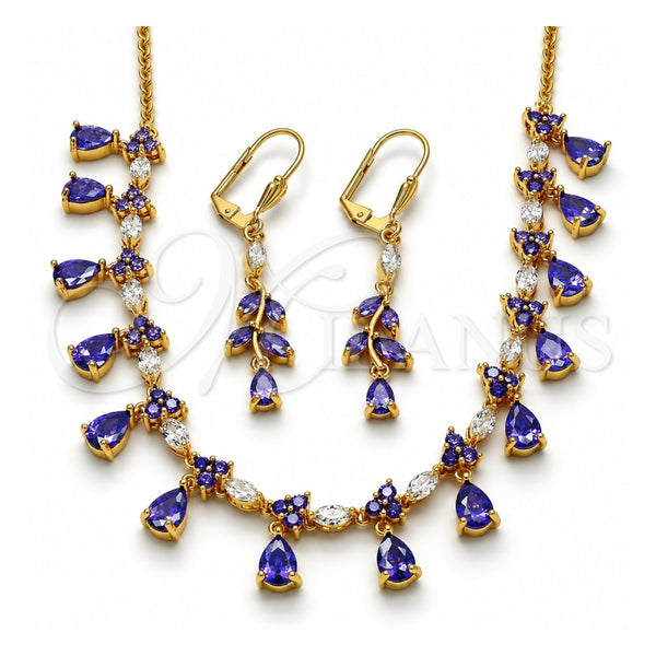 Oro Laminado Necklace and Earring, Gold Filled Style Teardrop Design, with Amethyst and White Cubic Zirconia, Polished, Golden Finish, 06.221.0011