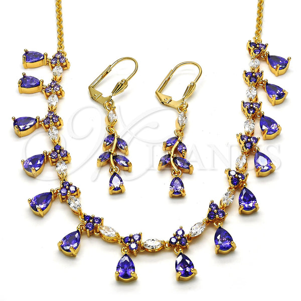 Oro Laminado Necklace and Earring, Gold Filled Style Teardrop Design, with Amethyst and White Cubic Zirconia, Polished, Golden Finish, 06.221.0011