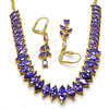 Oro Laminado Necklace and Earring, Gold Filled Style with Amethyst Cubic Zirconia, Polished, Golden Finish, 06.221.0014