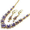Oro Laminado Necklace and Earring, Gold Filled Style Flower Design, with Amethyst Cubic Zirconia, Polished, Golden Finish, 06.221.0015.2