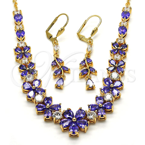 Oro Laminado Necklace and Earring, Gold Filled Style Flower Design, with Amethyst Cubic Zirconia, Polished, Golden Finish, 06.221.0015.2