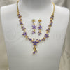 Oro Laminado Necklace and Earring, Gold Filled Style Flower and Teardrop Design, with Amethyst Cubic Zirconia, Polished, Golden Finish, 06.221.0016.1
