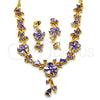 Oro Laminado Necklace and Earring, Gold Filled Style Flower and Teardrop Design, with Amethyst Cubic Zirconia, Polished, Golden Finish, 06.221.0016.1